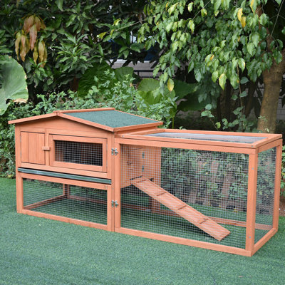 2-Story Rabbit Hutch with Slide-Out Tray and Detachable Run, 61.4" L x 22.8" W x 26.8" H, Fir Wood Small Animal Cage with Asphalt Roof for Indoor Outdoor Use, Natural Wood Color, 1 Piece