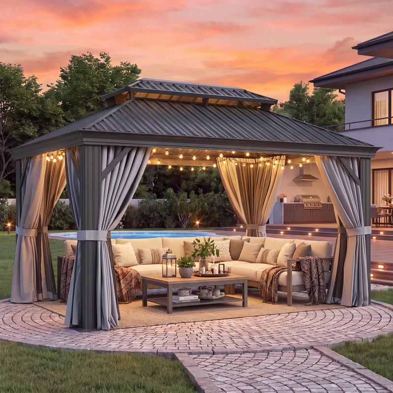 14 Ft. W x 10 Ft. D Hardtop Gazebo, Galvanized Steel Double Roof Aluminum Frame Outdoor Gazebo with Privacy Curtains and Netting, Permanent Metal Patio Gazebo for Garden, Backyard, Deck