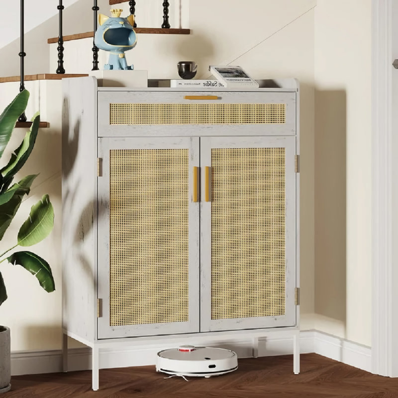 Armoire de rangement blanche avec portes en rotin, tiroir supérieur et tablettes réglables, Blanc/naturel