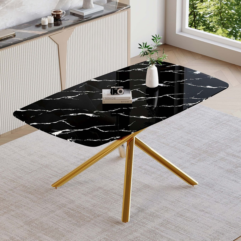 63-inch Black Marble-Patterned Tempered Glass Dining Table with Single-Fork Golden Metal Legs for Modern, Durable, and Stylish Dining Spaces.