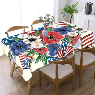 Blue Patriotic Floral Table Cover Scalloped Edged 60 x 120 inch for Independence Day Decor