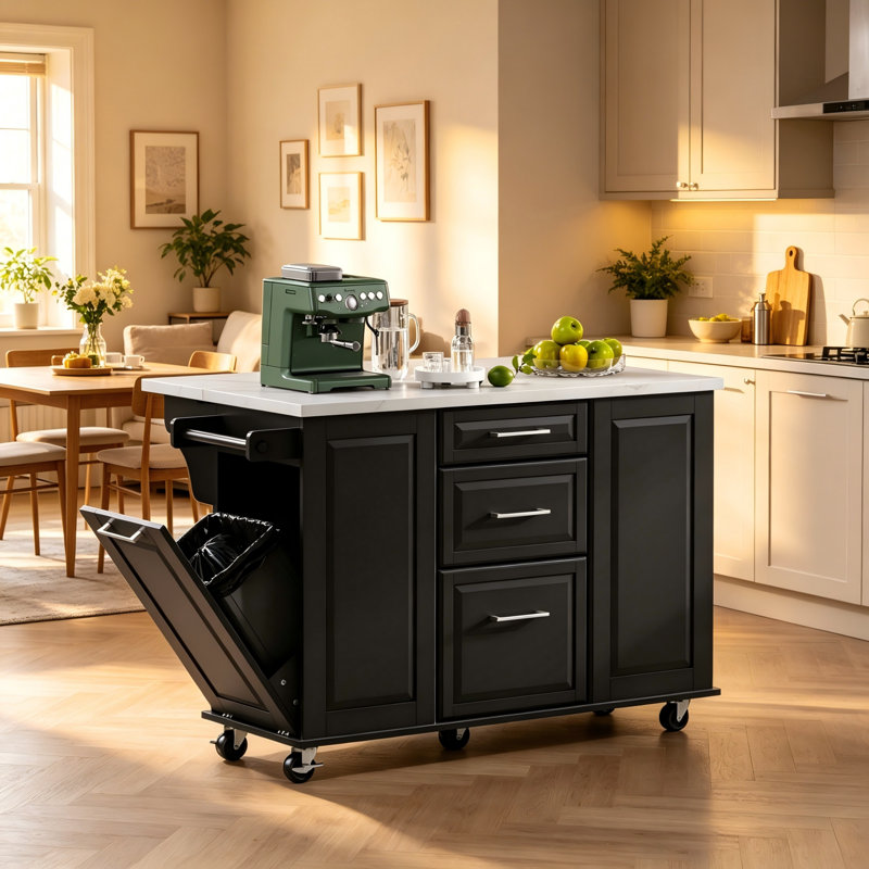 Îlot de cuisine 50,7 po avec rangement pour armoire à ordures inclinable et rangement escamotable, Noir