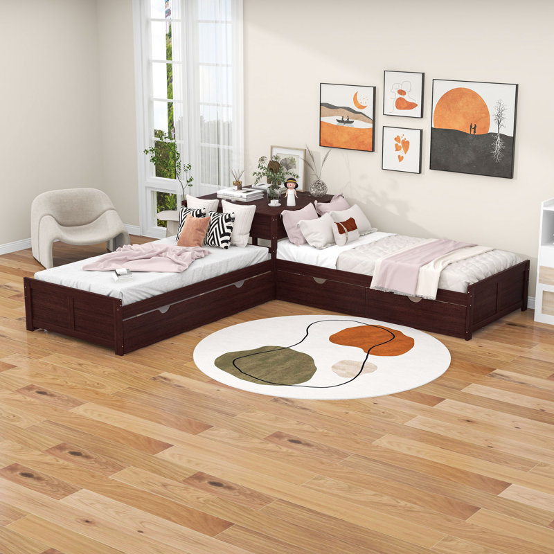 Lits plateforme simples en L à 2 tiroirs avec lit gigogne et table intégrée, Espresso
