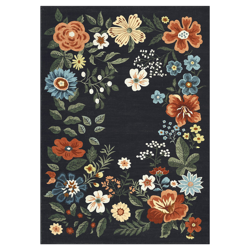6'x9' Floral Wreath Area Rug, Washable Non Slip Non Shedding Low Pile Stain Resistant Foldable Soft Carpet for Entryway Kitchen Bathroom Black