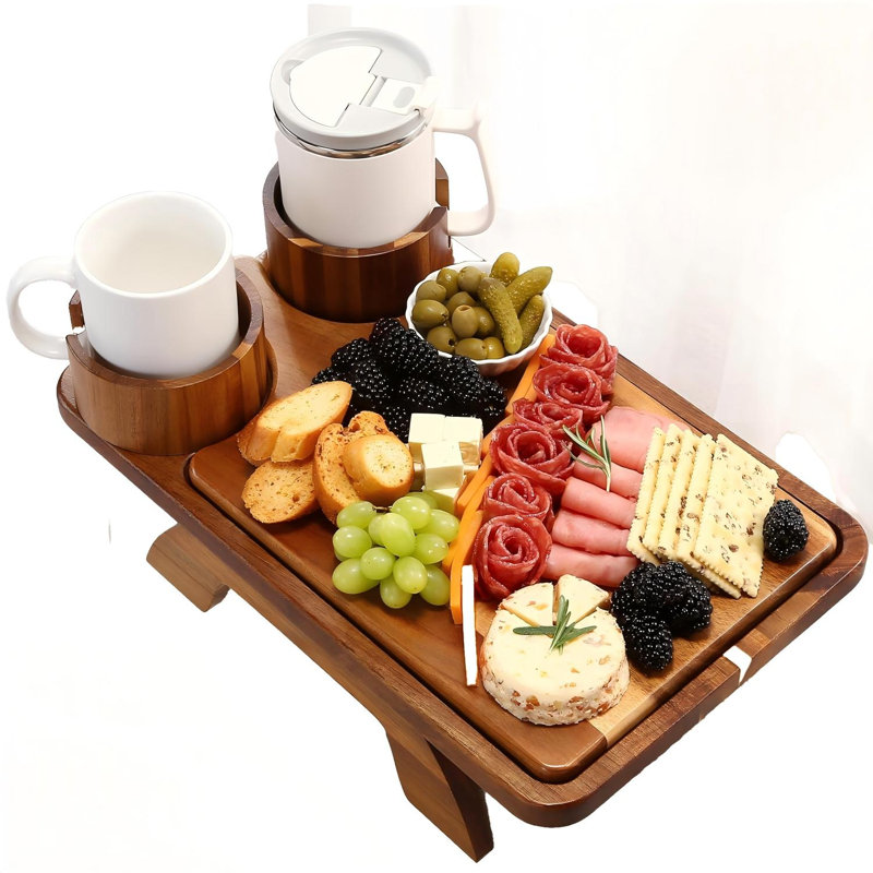 Table avec accoudoirs pour canapé 4 en 1, table avec accoudoirs en bois d'acacia et porte-gobelet rotatif à 360 °