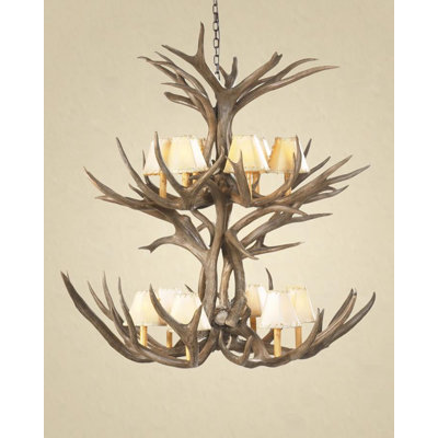 Lustre à plusieurs niveaux 12 lumières de style bougie mule/cerf antler