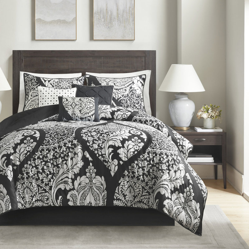 Édredon noir très grand 7 pièces - Drap à motif complexe, Édredon de très grande taille et 6 pièces suppl, Noir