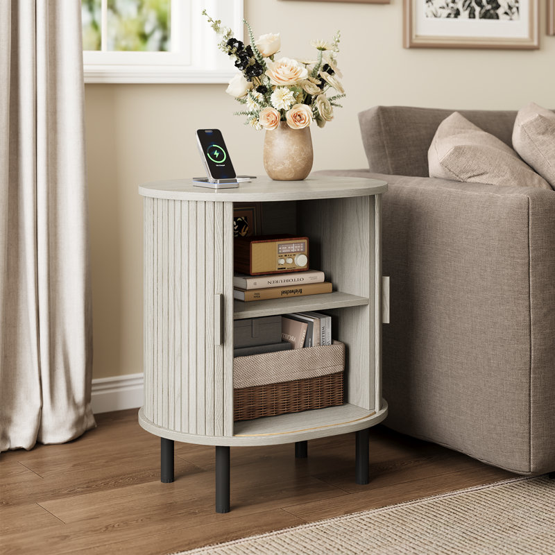 23.5"H Wooden Round End Table With Charging Station, White, 1