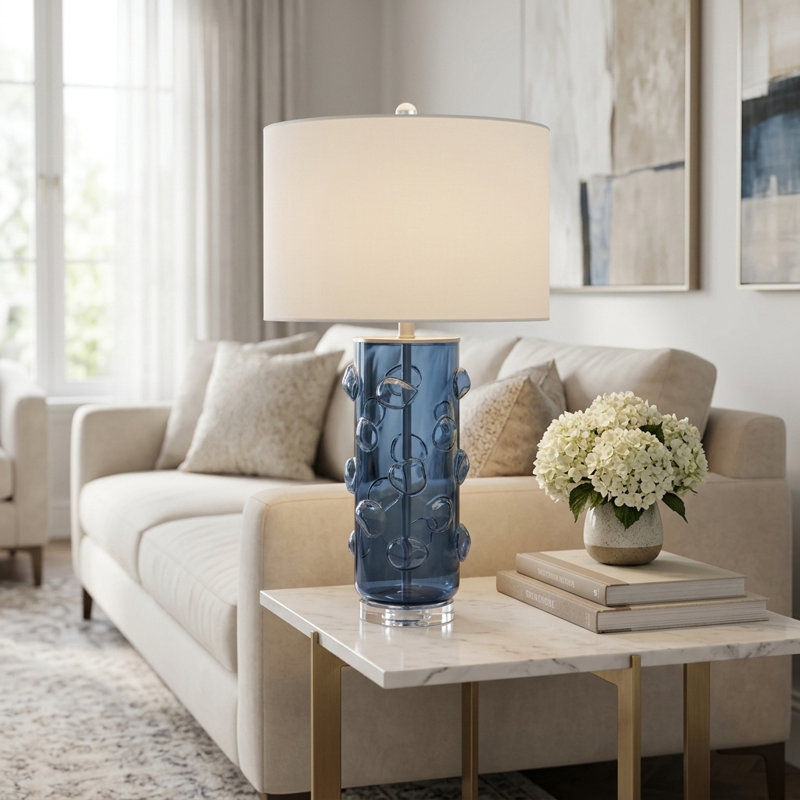 Lampe de table en verre avec détails en cristal et base cylindrique pour le salon - petite lampe moderne pour l'éclairage de la chambre à coucher, du chevet ou du bureau - Bleu