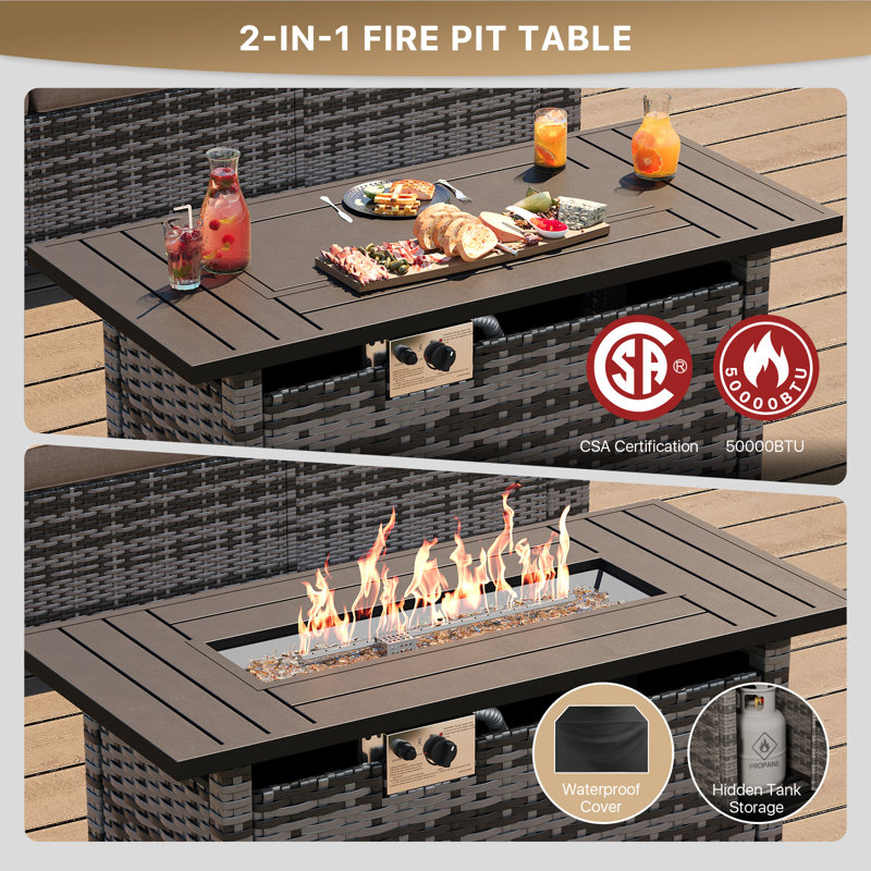 Melisandra Wicker 12 - Person Seating Group with Cushions and Fire Pit, Patio Sectional Conversation Set, Black, Gray