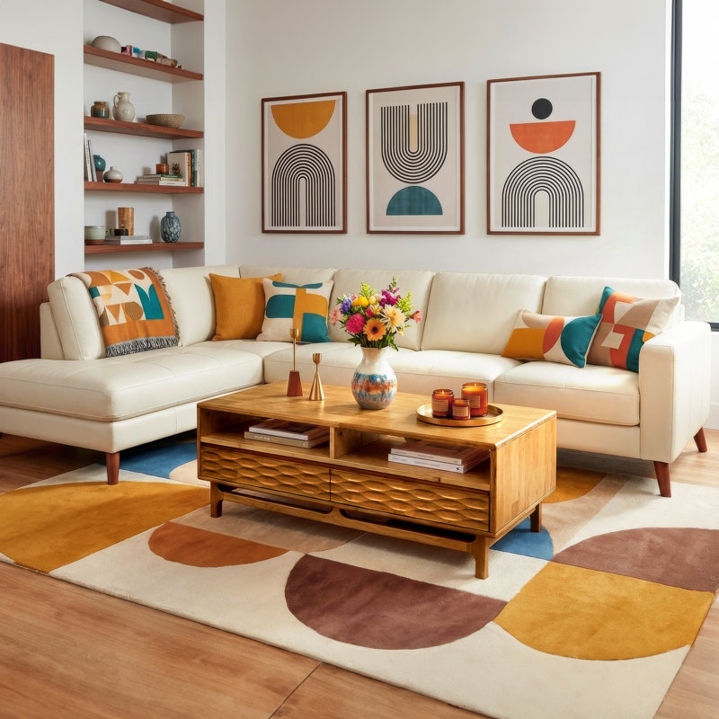  Acacia Elara 47.2”W Coffee Table Storage, Solid Rubber Wood, Suitable for Living Room, Home Office with 2 Drawers and Open Design, Easy Setup