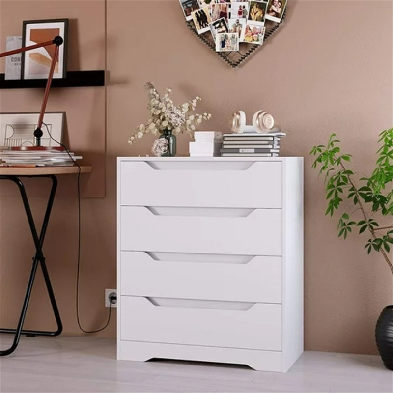 Commode 4 tiroirs Basanti, conception sans main, Blanc