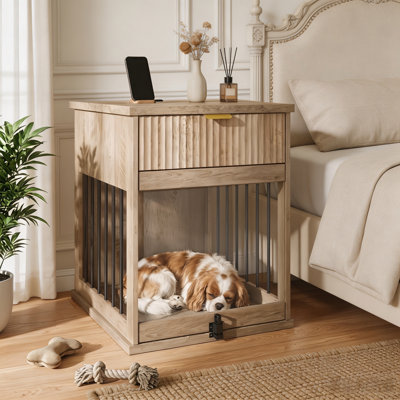 Table de bout pour caisse de chien avec station de charge et porte vitrée, tiroir pour animaux en bois avec tiroir de rangement - table de chevet multifonctionnelle pour petits chiens