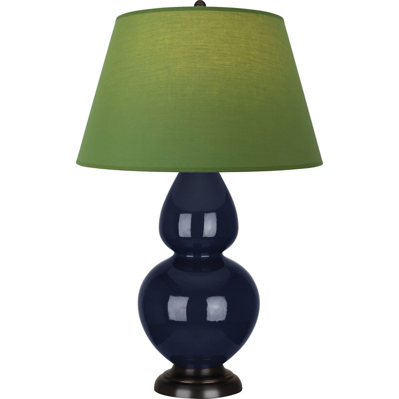 Lampe de table double gourde en céramique, Bleu minuit émaillé / bronze, Thé vert / taupe, Bronze