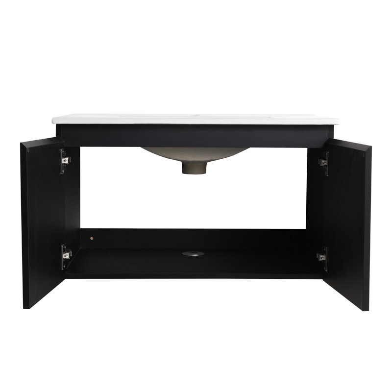 Meuble-lavabo flottant avec lavabo en céramique - matériau de contreplaqué noir, moderne et stable