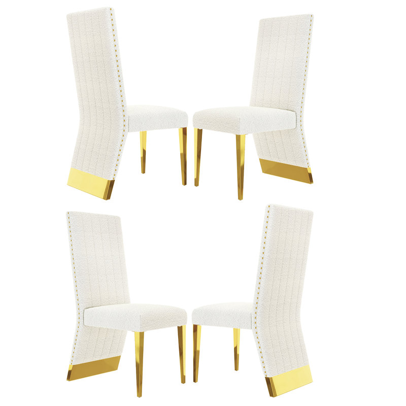 White And Gold Velvet Dining Chair With Polished Gold Metal Legs Set Of 4