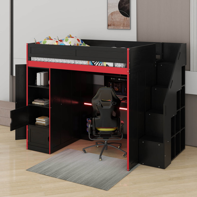 Lit mezzanine double avec bureau et rangement, Lit double