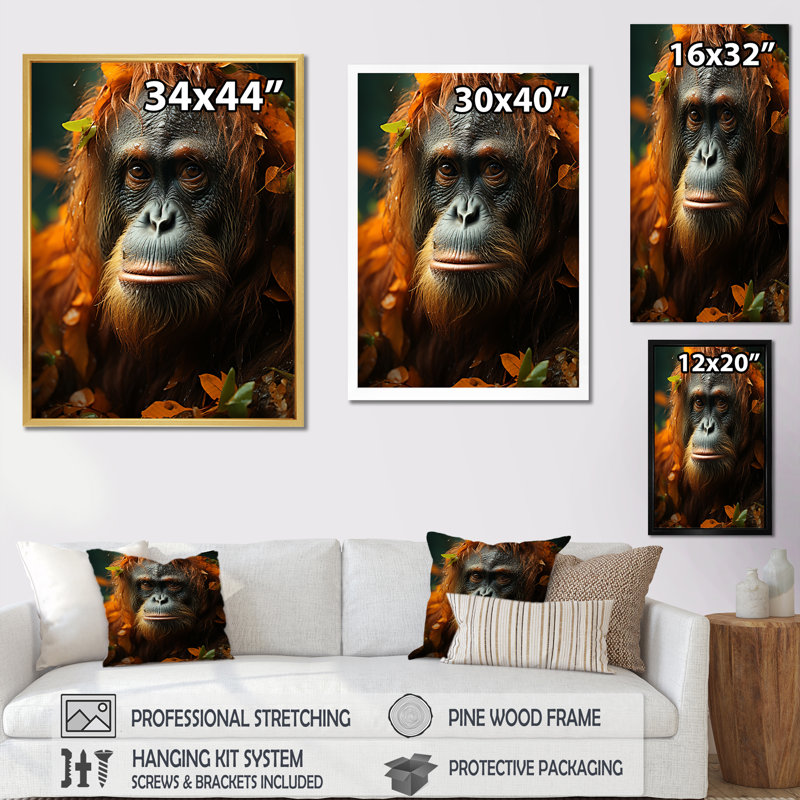 «Apes Portrait Impressionist Jungles», reproduction sur toile, Cadre flottant doré, H 32 po x l 16 po x P 1 po