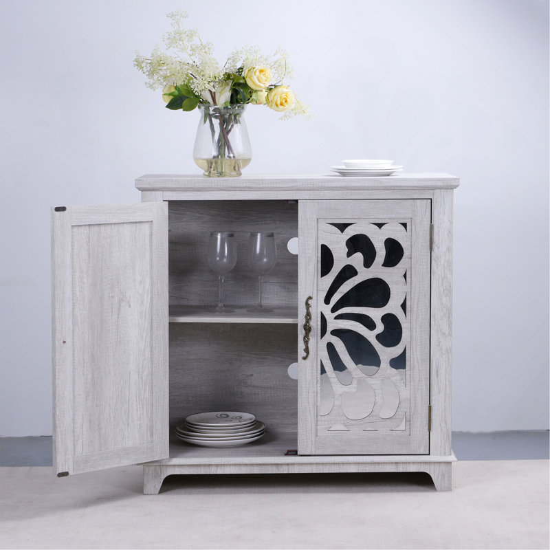 Sideboard Elegant With 2 Acrylic Mirrored Doors Sideboard And Buffet With Storage, Hollow-Carved Accent Cabinet Laminates And MDF Substrate, Spacious Space Adjustable Shelf, Living Room, Kitchen
