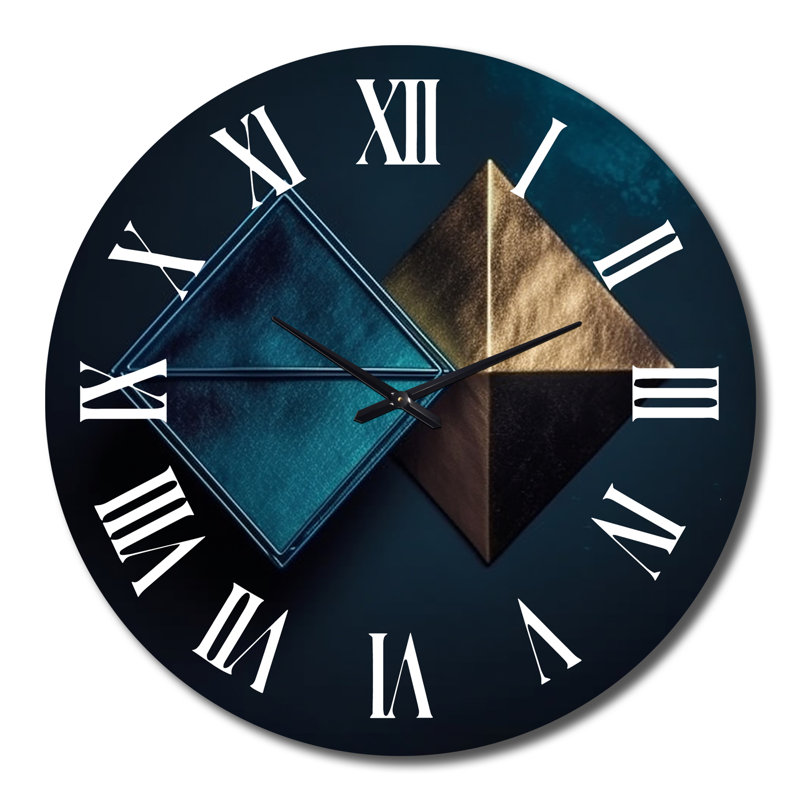 Rhombus en bleu foncé et or abstrait II - horloge murale géométrique moderne, Très grand