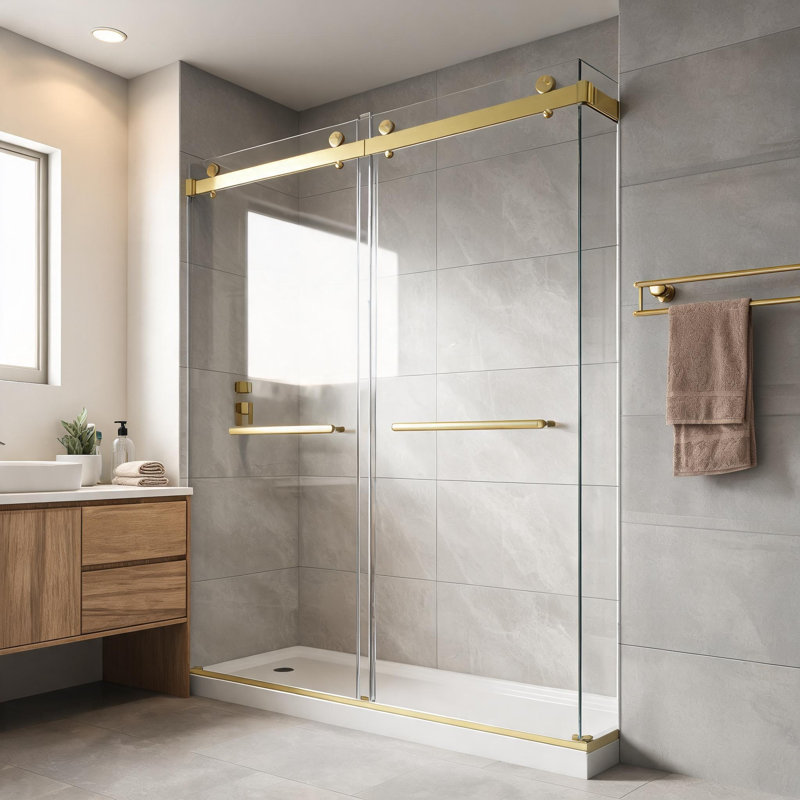 55–60 in. W x 76 in. H Frameless Double Bypass Sliding Shower Door, Brushed Gold, 5/16 in. Tempered Glass