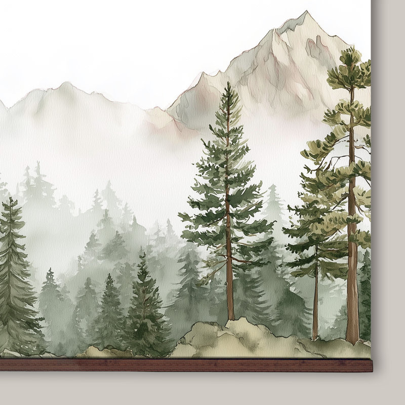 «Misty Mountain Forest», art mural tapisserie sur toile avec cintres en bois, H 40 po x l 60 po
