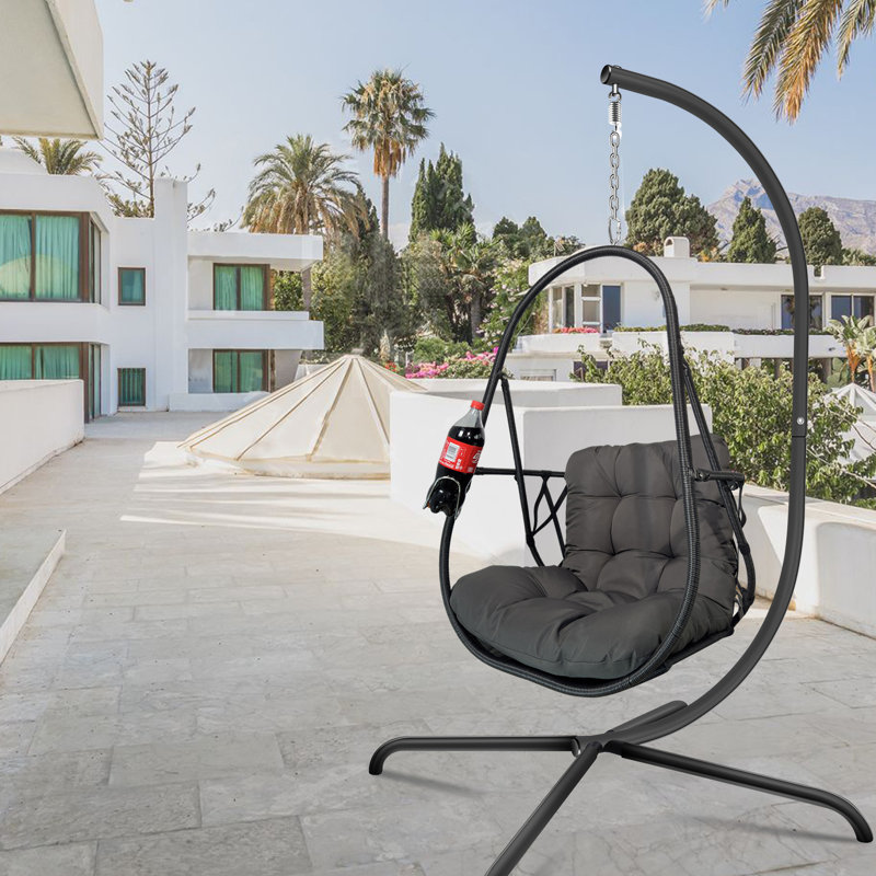Fauteuil pivotant avec support de type C en osier avec support et coussin, chaise suspendue pliante en osier pour l'extérieur