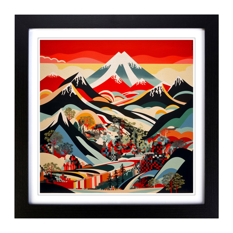 Japanese Mountains Constructivism No.2 - Single Picture Frame Print on Wood, Black