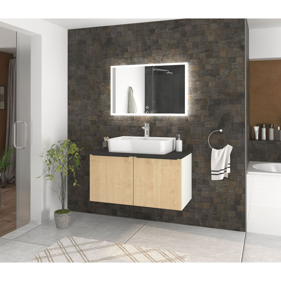 Odin washbasin with base cabinet, 96cm, alpine white / rustic oak / oak, metal handles