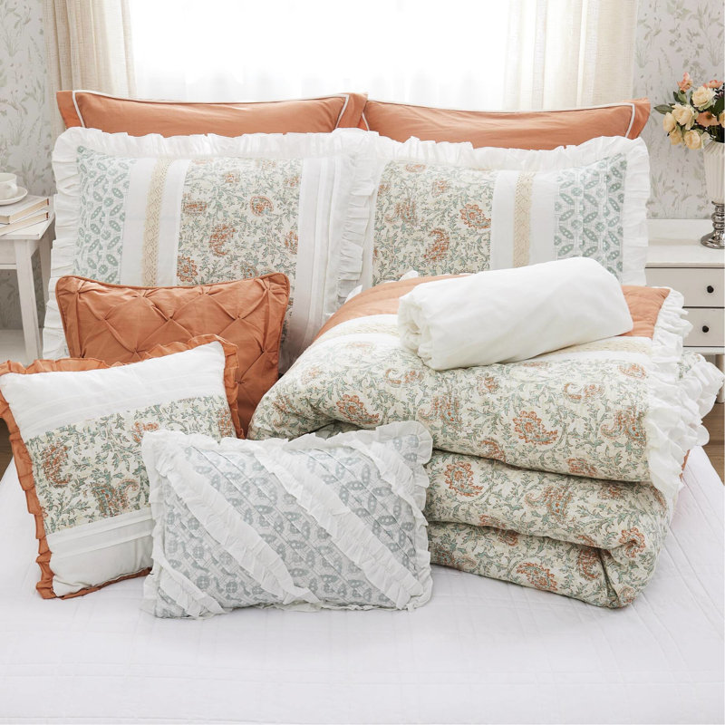 Édredon pour très grand lit - 9 pièces, coussins décoratifs corail, idée Shabby Chic