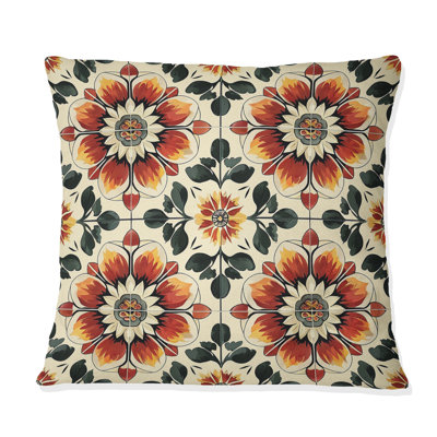 Red Orange Floral Tiles I - Tiles Throw Pillow