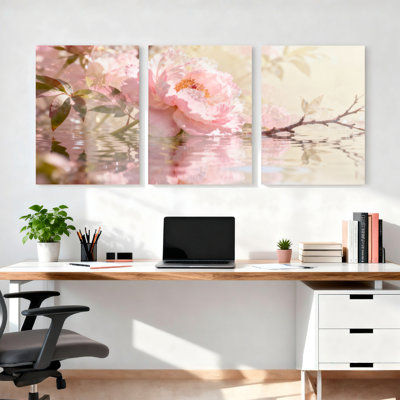 Ensemble de 3 tableaux sur toile tendue « Reflet floral de pivoine rose »