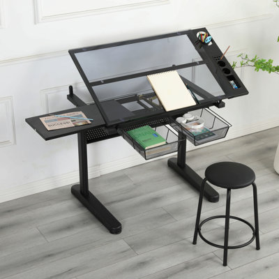 Bureau de dessin avec manivelle réglable et 2 tiroirs en métal (noir) avec tabouret
