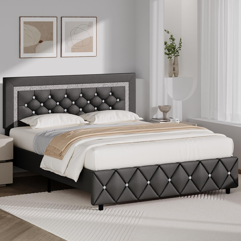 Alber Faux Leather Diamond Tufted Platform Bed with Headboard & 2 Rustic Farmhouse Nightstands Set, Barn Door End Tables with Storage Shelf