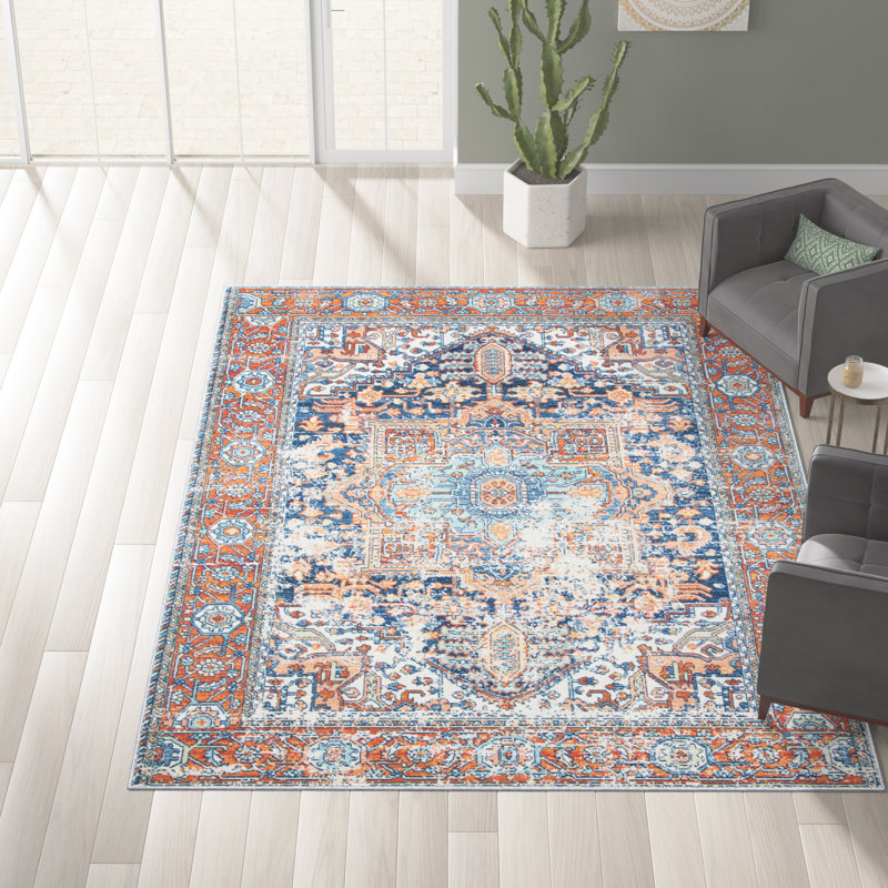 Fessler Oriental Navy/Rust Area Rug, Rectangle 4' x 6'
