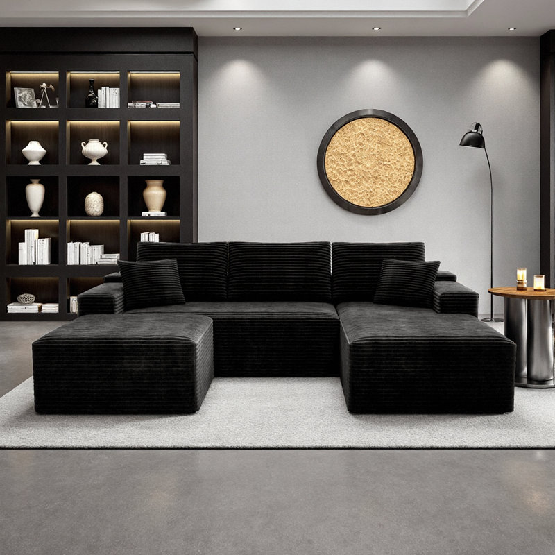 Élégant canapé modulaire 3 pièces en velours côtelé noir moelleux - aucun assemblage requis, confort pour 5 personnes