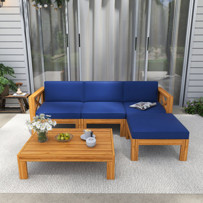 5-Piece Solid Wood Outdoor Sectional Seating Group With Cushions