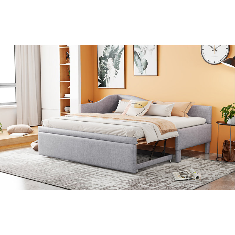 Twin Size Upholstered L-Shaped Upholstered Daybed With Pop Up Trundle, Gray