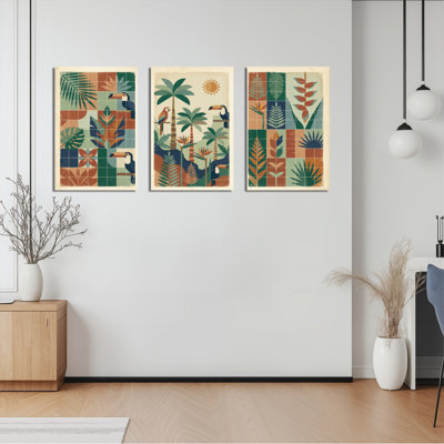 Tropical Leaves And Toucans Pattern Canvas Wrapped Wall Art Oil Painting Print Set Of 3