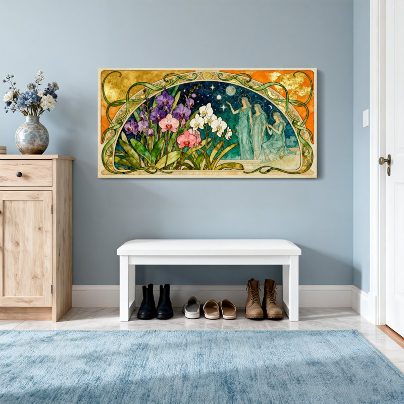 Fashion Orchids and Celestial Chiffres dans un cadre Art Nouveau, H 16 po x l 32 po