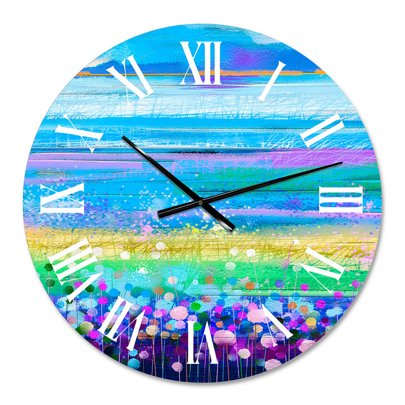 Abstrait champs avec pissenlit bleuet et marguerite - horloge murale moderne, Petit