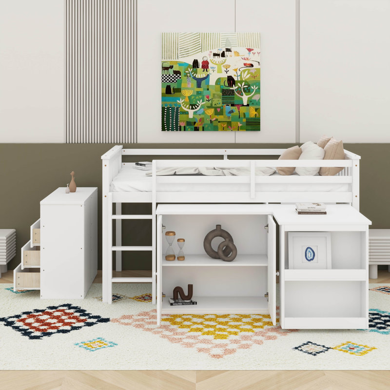 Lit mezzanine simple avec armoire de rangement, tiroir, armoire et bureau coulissant, Blanc
