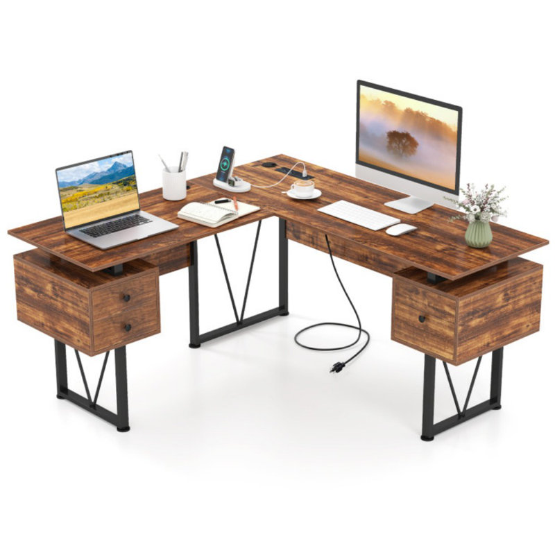 Bureau d'ordinateur en L avec prises de courant et 3 tiroirs de rangement