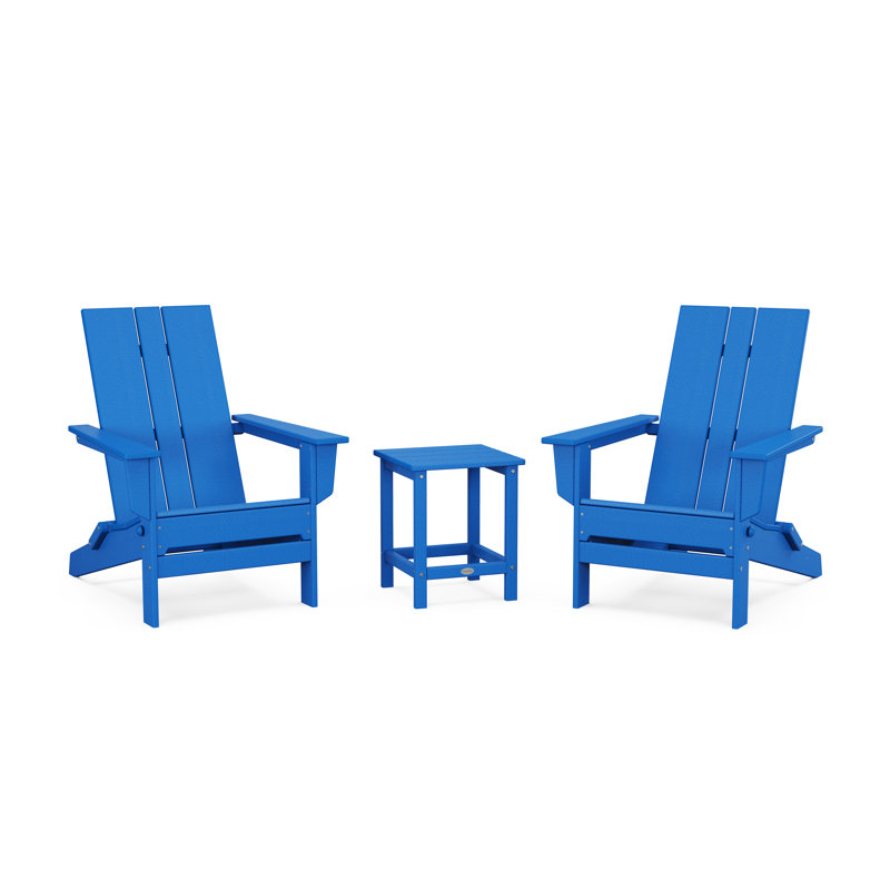 POLYWOOD by AllModern Foldable Outdoor Adirondack Chair With Table, Pacific Blue