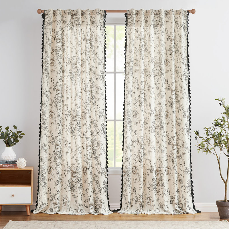 Linen Floral Rod Pocket with Tassels Farmhouse Rustic Peony Flower Patterned Drapes for Living Room, 50" W x 84" L