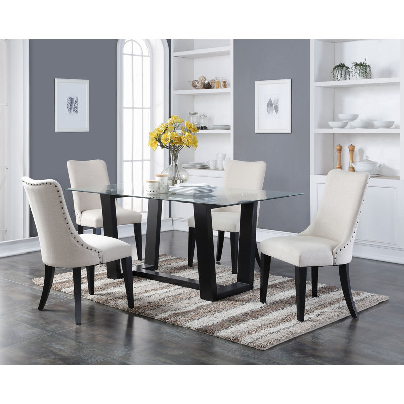 19.5'' H Linen Upholstered Side Chair, Oatmeal, Espresso