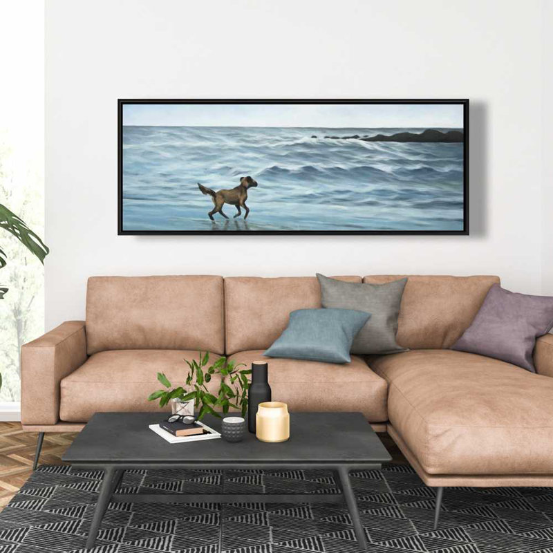 Chien sur la plage - décor de toile encadrée bleue de salon, H 21,25 po x l 61,25 po