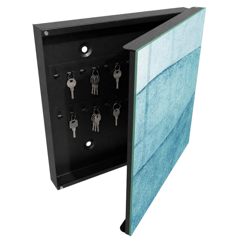 Key cabinet for wall, Opens to the right, 30x30x5, Black, Subtle waves and textures in shades of blue, 