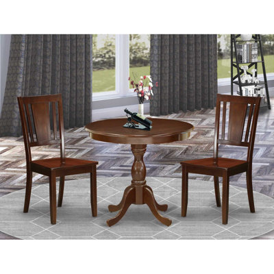 ENSEMBLE 3 pièces comprenant 1 table de salle à manger à piédestal et 2 chaises de salle à manger en acajou avec panneau arrière - finition acajou