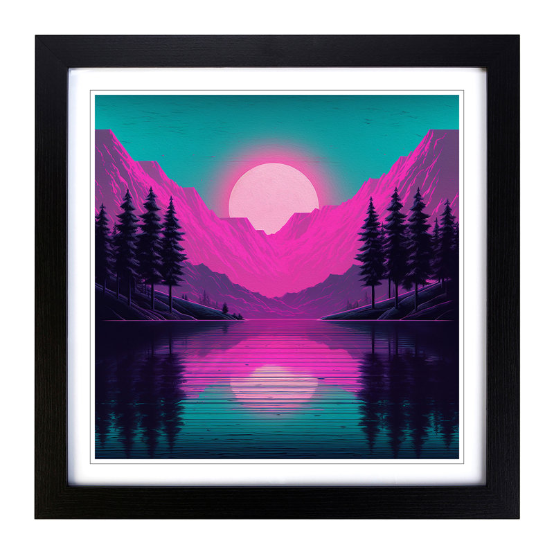 Lake Vaporwave No.1 - Single Picture Frame Print on Wood, Black